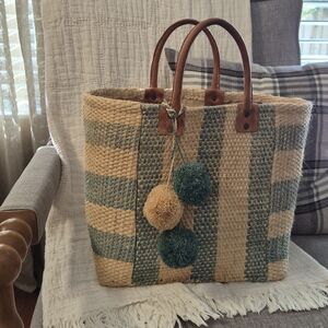 Mar Y Sol Striped Woven Tote Bag with Pom Poms